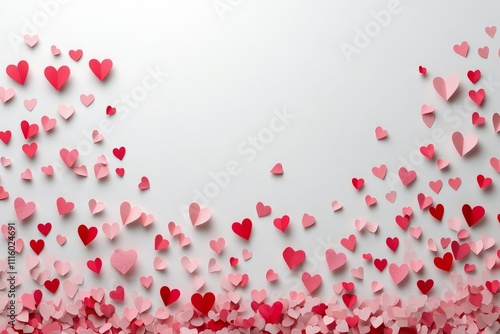 Heart decorations scatter across a white background for a festive celebration