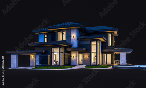 3d rendering of modern two story house with gray and wood accents, large windows, parking space in the right side of the building in night isolated on black