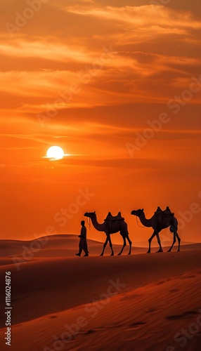 Desert sunset with camels and leading man, animal, big mammal with hump a livestock of a sandy tropical arid  hot and dry warm landscape, jamal, chameau, camello, camelo, oont, unt stockphoto  photo