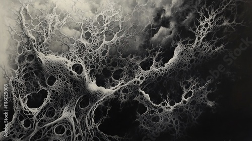 A black and white painting with intricate, vein-like patterns that seem to glow.
