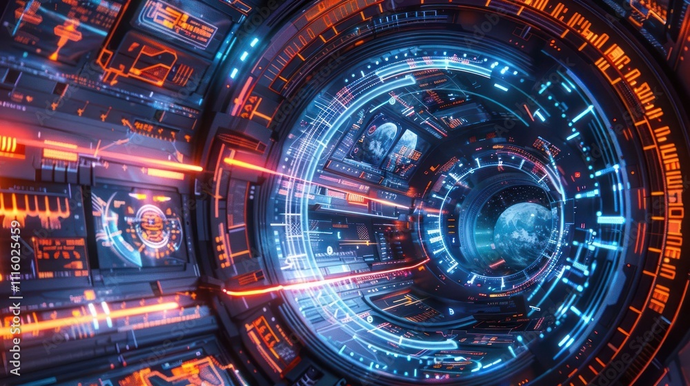 Fototapeta premium A futuristic tunnel with glowing lights and digital interfaces, suggesting advanced technology.