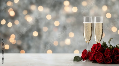 Champagne glasses with roses against a blurred sparkling background for roman...