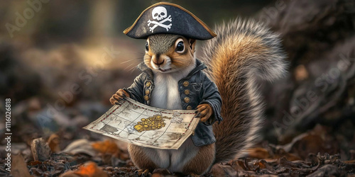 Squirrel in a pirate outfit, with a treasure map and hat
