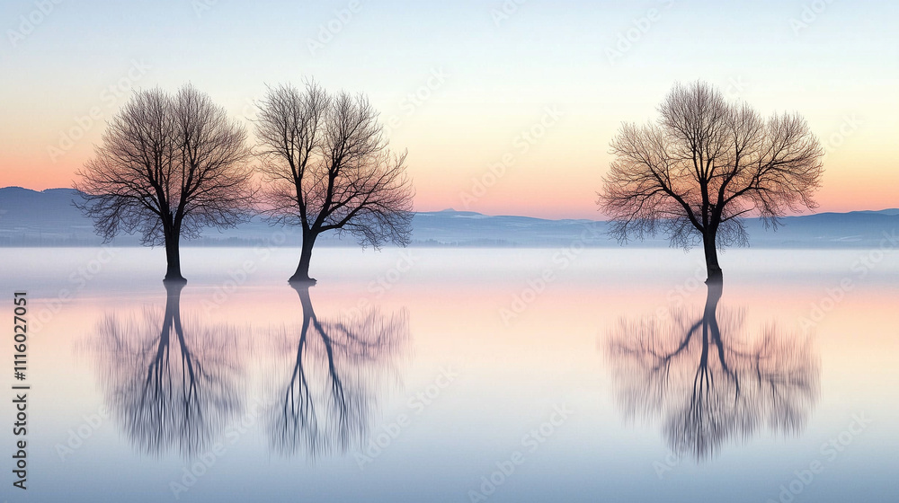 Early morning mist over a peaceful lake with bare trees, creating a calm and serene atmosphere. Early morning mist over a peaceful lake with bare trees, creating a calm and serene atmosphere.