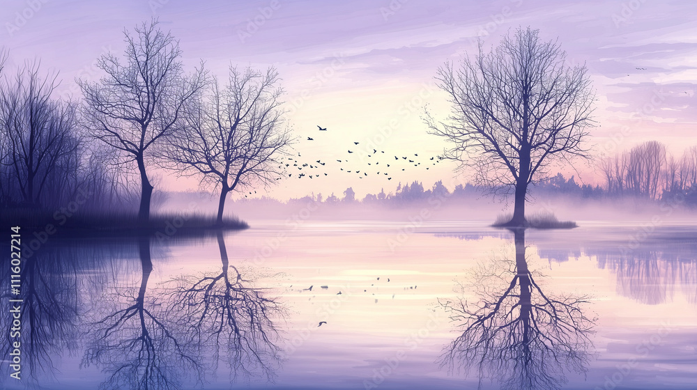 Early morning mist over a peaceful lake with bare trees, creating a calm and serene atmosphere. Early morning mist over a peaceful lake with bare trees, creating a calm and serene atmosphere.