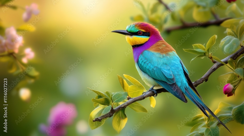 Fototapeta premium Rainbow-colored bird perched on flowering branch.