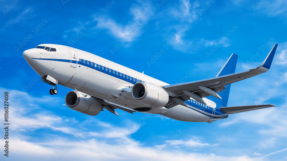 Naklejka premium Aircraft ascending through the sky, symbolizing ambition and reaching new heights in personal and professional endeavors.