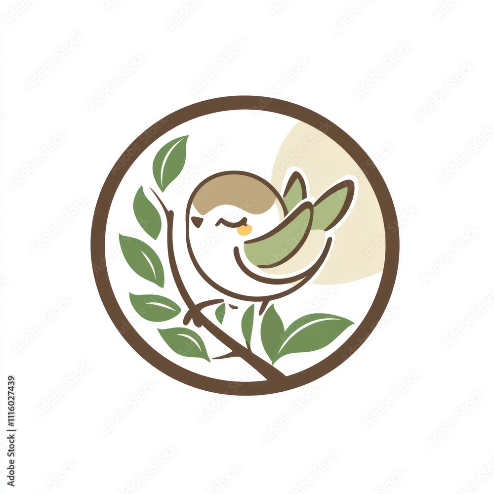 Fototapeta premium Here's a possible and keyword list for your image.. Cute cartoon bird perched on a branch in a circular frame.
