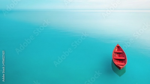 Red boat floating on calm turquoise water under a clear sky at dawn