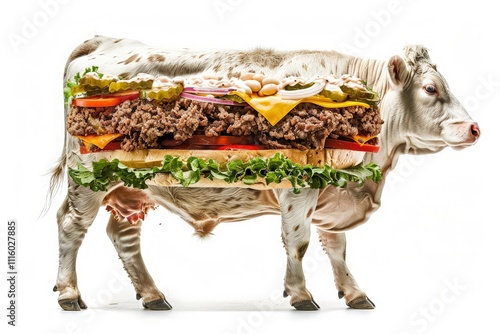 Cow consisting of burger, conceptual image showing burger elements inside cow's body, isolated on white surface, menu banner, fast food promotion. photo