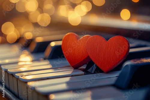 Romantic wooden hearts on a piano with soft bokeh lights creating a warm atmo...