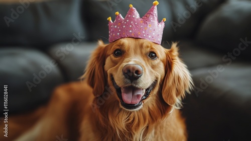 Dog wearing a paper crown smiles happily while sitting on a couch indoors