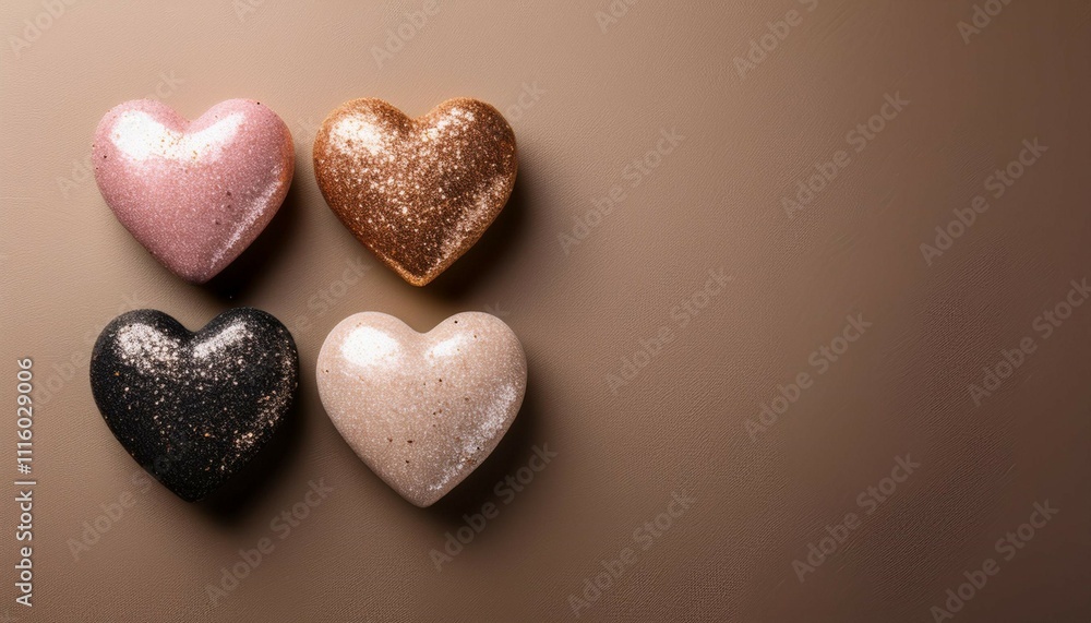 Obraz premium four heart shaped glittery stones in different colorsmblack pink beige and brownmare placed on a textured neutral colored surface valentine s day copy space