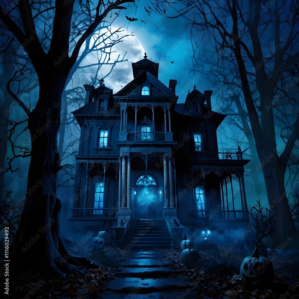 Fototapeta premium Eerie Haunted Mansion on a Spooky Halloween Night Underneath a Full Moon in a Dark Forest