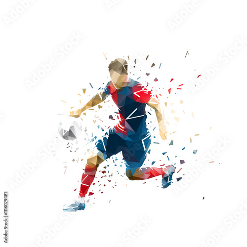Soccer player kicking ball, football. Isolated low polygonal distorted vector illustration. Team sports, side view