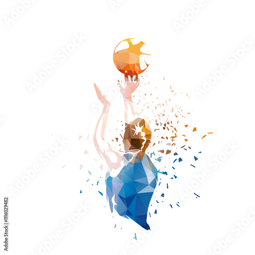 Basketball, woman shoots the ball at the basket, isolated vector silhouette, ink drawing, rear view