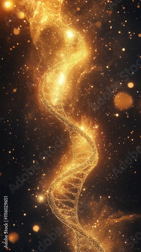 Golden DNA structure glowing with particles in dark background