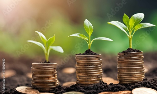 Seedling are growing on coins are stacked and the seedlings in Concept of finance And Investment of saving money or financial and business growth for profit 