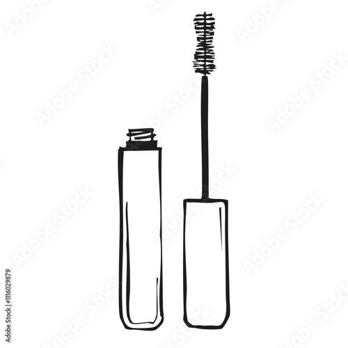 Open mascara tube with applicator brush. Black and white hand-drawn illustration isolated on white background. Makeup and beauty concept. Design for poster, print, banner, and greeting card.