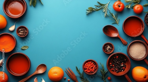 An assortment of spices, herbs, and fresh fruits is artfully arranged on a br...