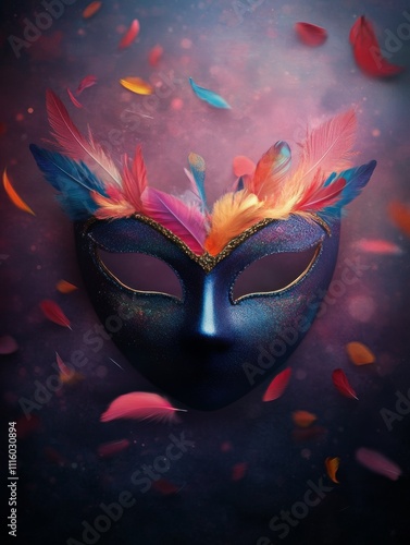 Colorful feathered mask with glittering details in a vibrant atmosphere
