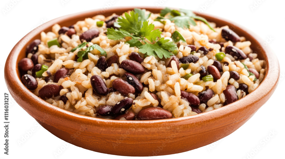 A bowl of rice mixed with black beans and garnished with cilantro, showcasing a nutritious and flavorful dish. A bowl of rice mixed with black beans and garnished with cilantro, showcasing a nutritious and flavorful dish.