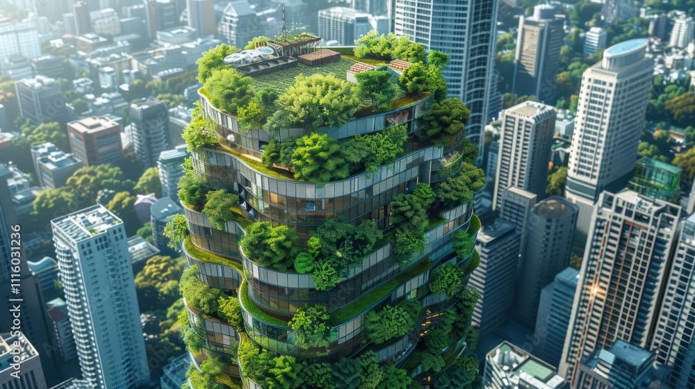 Obraz premium A futuristic building covered in lush greenery, emphasizing sustainable architecture.