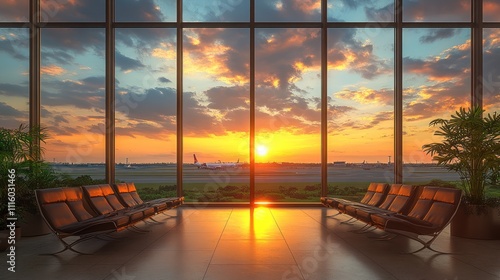 Sunset view from an airport terminal with seating and greenery.