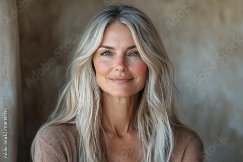 Smiling woman with long hair poses warmly indoors during soft afternoon light