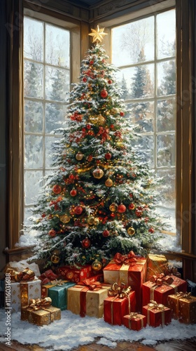 Christmas tree decorated with lights and ornaments in cozy indoor setting dur...