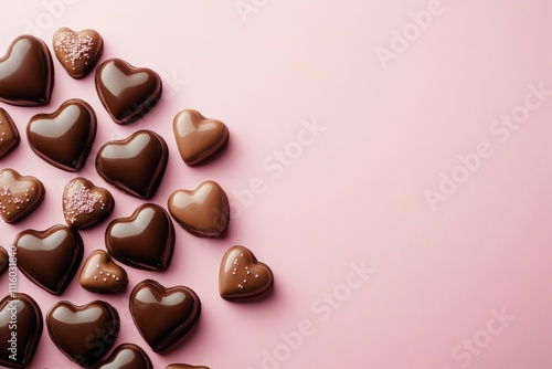 Heart shaped chocolate candies arranged artistically on a pink background for...