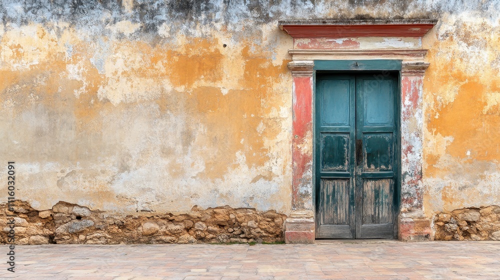 Fototapeta premium Weathered Facade with Vibrant Turquoise Door