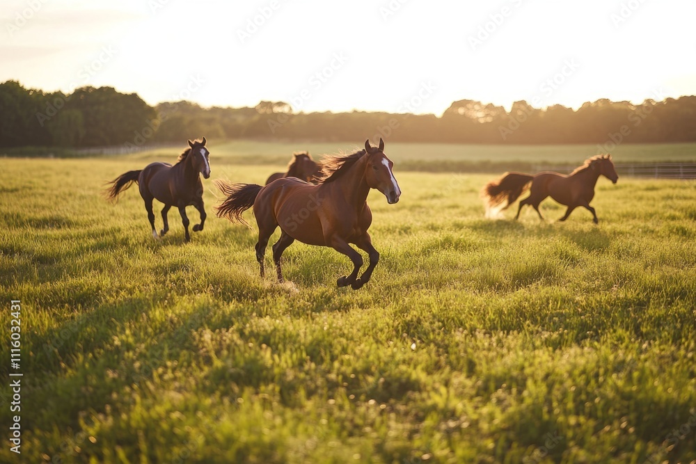 Majestic horses running freely in a sunlit field. The golden hour captures their grace and strength. This image conveys freedom and beauty. Generative AI Majestic horses running freely in a sunlit field. The golden hour captures their grace and strength. This image conveys freedom and beauty. Generative AI
