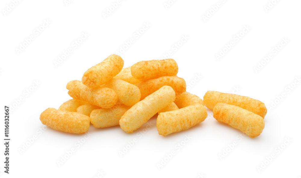 Obraz premium Cheesy corn puffs, crunchy snack isolated on white background 