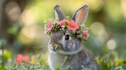Cute rabbit wearing a flower crown enjoys a sunny day in a green meadow