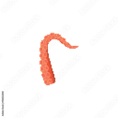 Pixelated octopus tentacle illustration. Simple pixel art of a curled orange octopus tentacle with suction cups