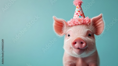 Cute piglet holding a gift during a festive celebration in a cozy decorated room