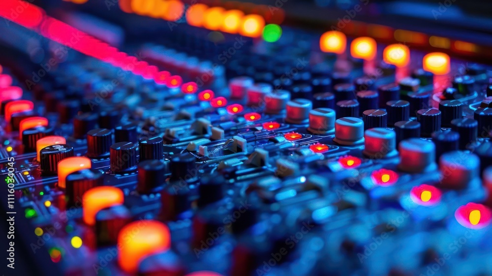 Fototapeta premium A close-up of a colorful audio mixing console with knobs and illuminated buttons.