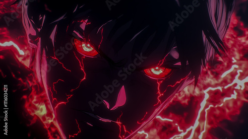 Fierce anime-style antagonist with piercing red eyes glowing with intensity, surrounded by dark, dynamic energy swirling dramatically. photo