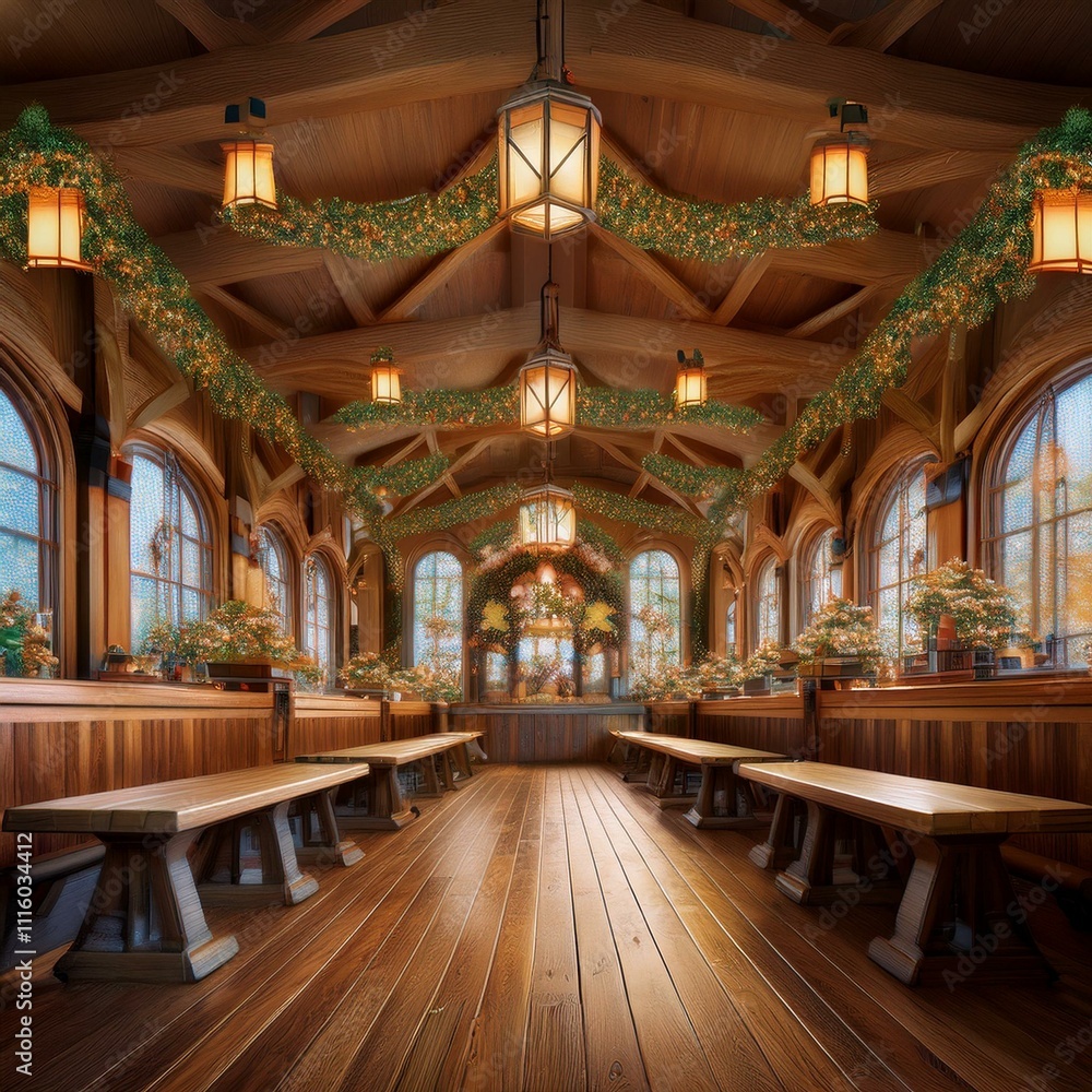 Obraz premium Traditional Oktoberfest beer hall with wooden benches, large mugs of beer, and festive decorations