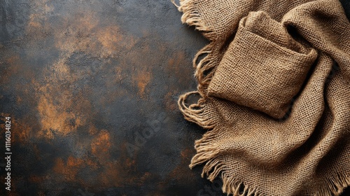 Textured burlap fabric draped on a dark surface showcasing natural fibers and...