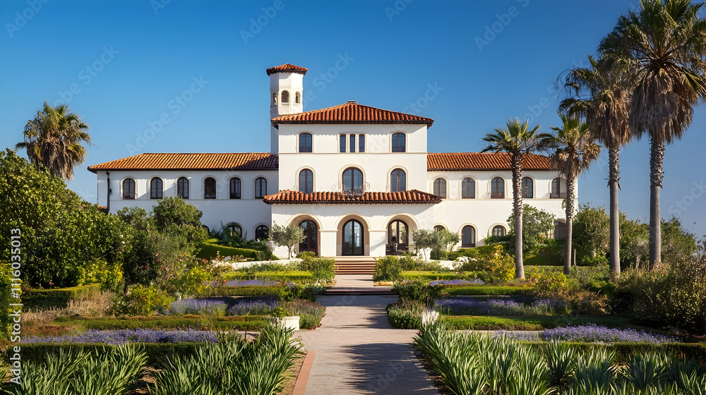 Fototapeta premium Mediterranean Revival Home with Olive Grove and Sea Views, Montecito Estate