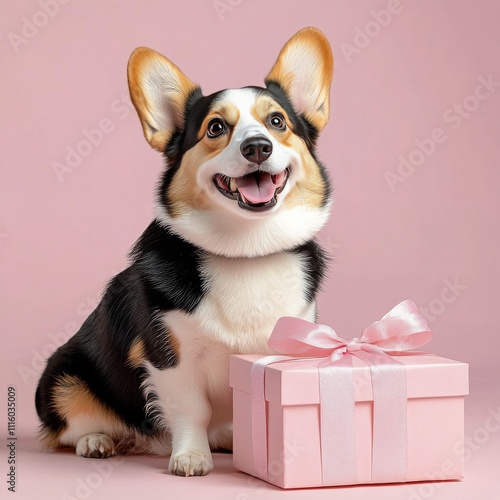 Cute corgi with a pink gift box in a cheerful setting perfect for celebrations