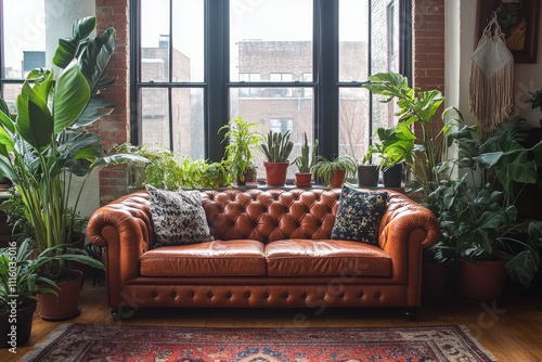 Cozy living space with a leather couch and lush indoor plants in natural light