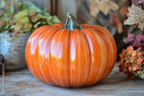Brightly colored orange pumpkin with smooth skin and prominent ridges for aut...