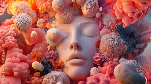 A woman's face is surrounded by swirling, colorful, bubble-like shapes. Soft pinks and oranges are prominent. photo