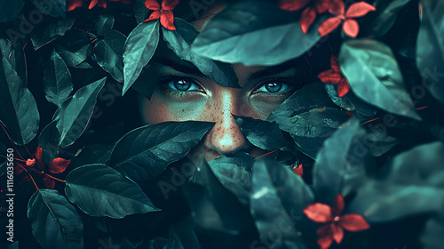 A person's face, with bright blue eyes, is hidden by dark green leaves and small red flowers.