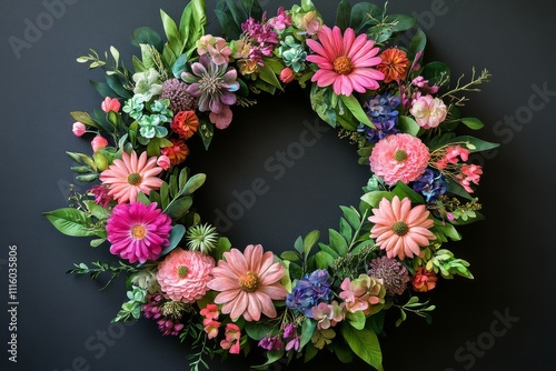 Vibrant floral wreath adorned with colorful blooms and greenery displayed ind...