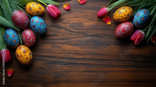 Colorful decorated eggs with flower patterns and petals on rustic wood surface