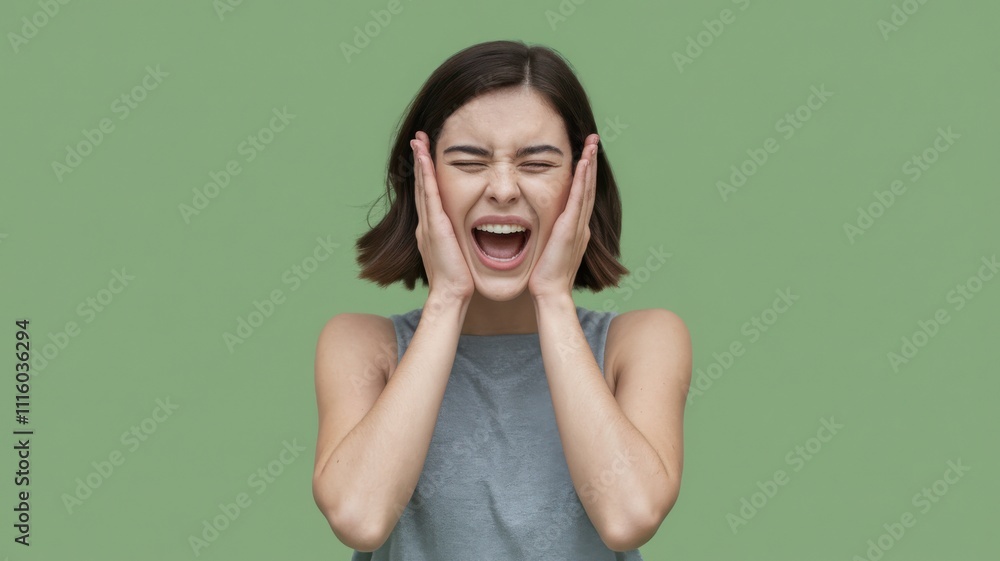 A young woman expressing excitement or surprise with her hands on her face. A young woman expressing excitement or surprise with her hands on her face.